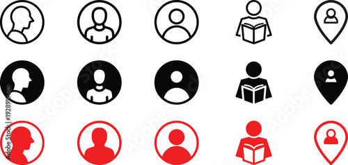 User Profile and Education Icons Set – Avatar, Reader, Location Pin Profile Symbols