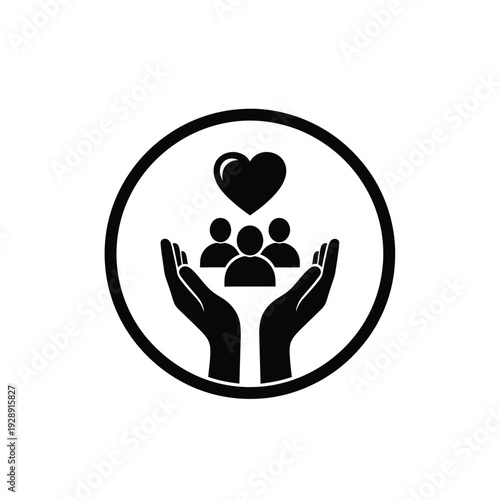 Vector illustration icon black icon of hands holding people and heart symbol on, representing care and support