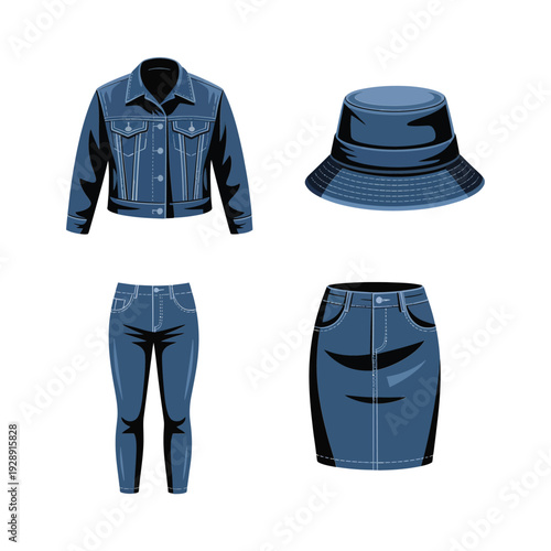 Denim clothing collection with jacket skinny jeans pencil skirt and bucket hat, casual street style vector for fashion blog illustration