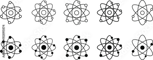 Atom Icons Set – Science, Physics, Atomic Energy and Technology Symbols