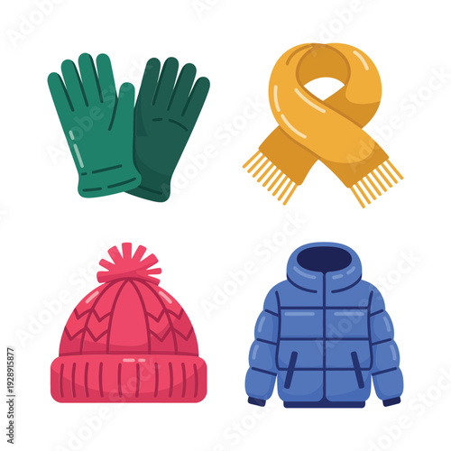Winter accessory set with green gloves yellow scarf pink knit hat and blue puffer jacket, weather clothing vector for season