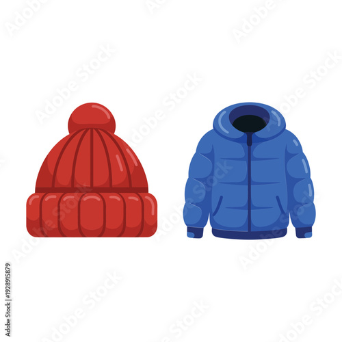 Colorful puffer jacket and beanie collection with red coat, red hat and blue parka, winter fashion vector for clothing store
