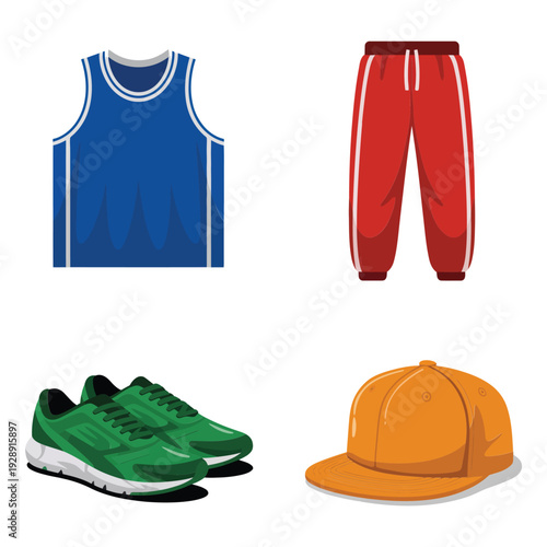 Gym apparel bundle featuring sleeveless jersey, red jogger pants, green running shoes, yellow cap, active clothing set for workouts, sports