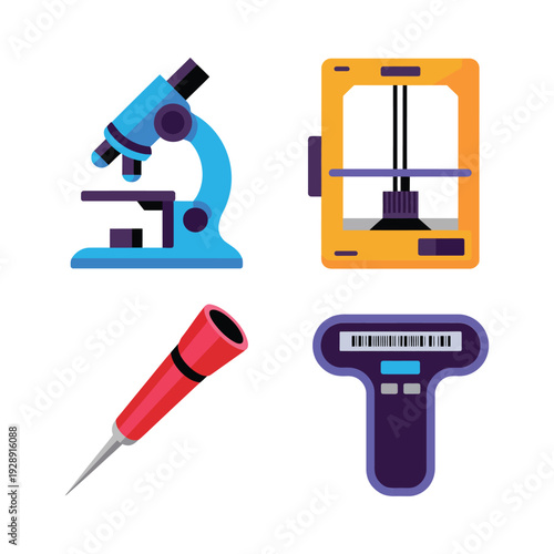 Makerspace lab tools set, microscope, 3D printer, soldering iron, barcode scanner, STEM fair poster, hardware hacking session, prototyping workshop graphics