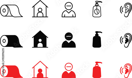 Hygiene and Restriction Icons Set – Toilet Paper, Home, User, Sanitizer, Ear Symbols