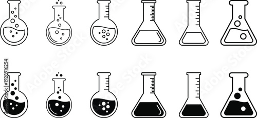 Laboratory Flask Icons Set – Chemistry, Science, Experiment and Research Glassware Symbols