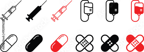 Medical Injection and Medicine Icons Set – Syringe, IV Drip, Capsule, Bandage Symbols