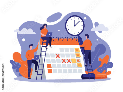 People working on a large calendar with clock and laptops  teamwork and time management concept