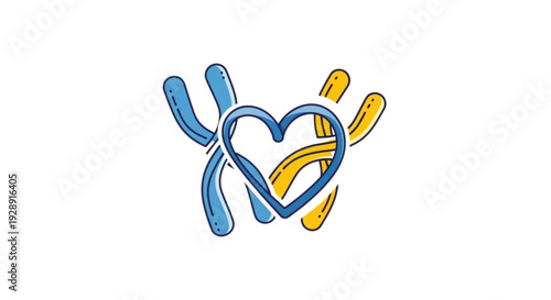 Interconnected blue and yellow heart hands symbol love friendship care support