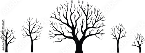 Collection of black leafless tree silhouettes isolated on white background, detailed winter bare branches forest nature illustration set for graphic design and decorative projects.