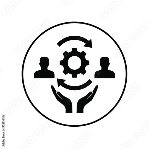 Vector illustration icon simple black icon representing teamwork and collaboration with a gear in the center