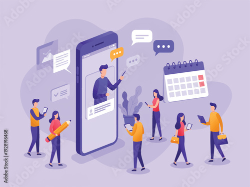 People using mobile devices and communicating online with speech bubbles and calendar