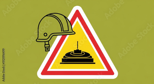 Warning sign with military helmet and tank on yellow background