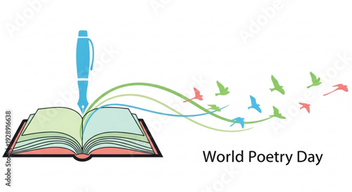 Vibrant world poetry day illustration with flying birds emerging from book and pen