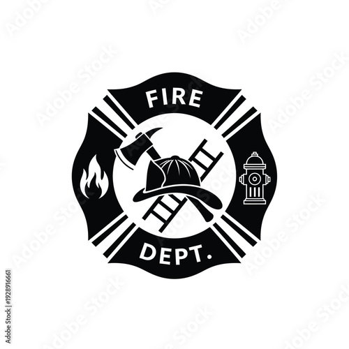 Vector illustration icon black and white fire department emblem with helmet and fire hydrant