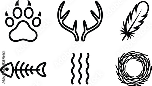 Wildlife outline icons set, animal paw antlers feather fish bone nest symbols isolated on white background vector illustration