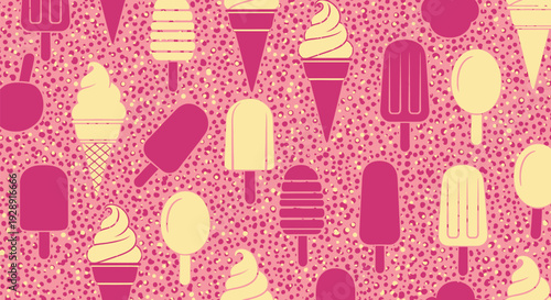 Pattern of various ice cream and popsicle shapes in pink and yellow on a pink dotted background. The design is playful and summery.