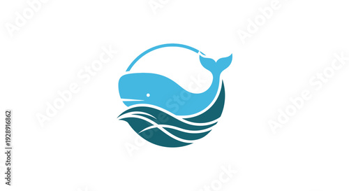 Blue whale logo with circle and waves, marine life vector illustration