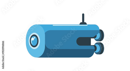 Blue surveillance camera icon with wheels on white background, flat design