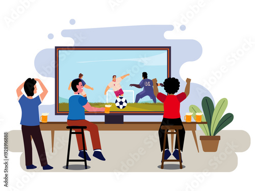 group of people watching football game large tv screen illustration