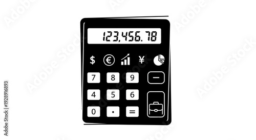 Calculator with currency symbols, charts and briefcase icon, business concept