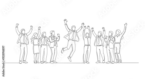 Business Team Celebrating Success with Jumping Man in Continuous Line Drawing