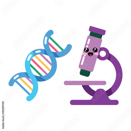 Cute science icons with smiling dna strand and colorful microscope, biology education vector for kids laboratory camp and school project