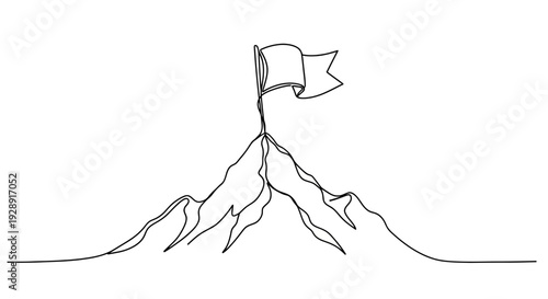 Continuous line drawing of a flag on a mountain peak, symbolizing success and achievement.