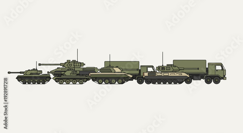 Military armored vehicles and transport truck lineup on white background