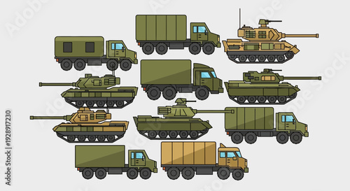 Military Vehicles Collection: Tanks and Trucks Illustration