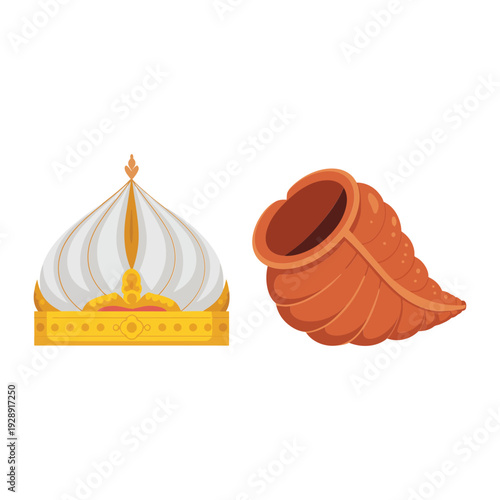 Royal culture symbols including palace dome crown, ceremonial headpiece, ornate conch shell and traditional motif disc for heritage exhibition design