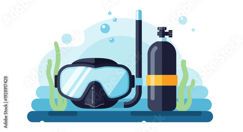 Scuba Diving Gear: Mask, Snorkel, and Air Tank with Bubbles