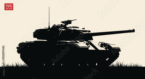 Silhouette of a modern battle tank on a grassy field, military vehicle illustration