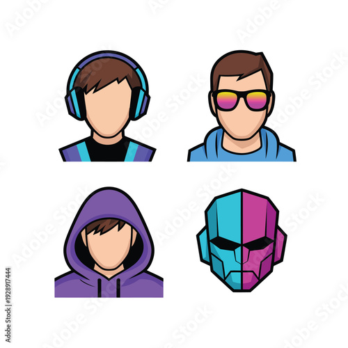Modern gamer avatars with hooded boy, sunglasses, headphones, masked character, editable profile icons for gaming logo, streaming banner, social media
