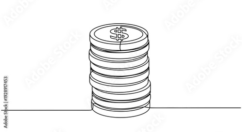 Stack of coins with dollar sign, continuous line drawing, finance concept