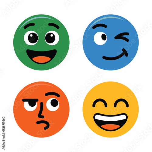 Round emoji set with green blue orange yellow faces, wink laugh side eye expressions, chat sticker icons for apps