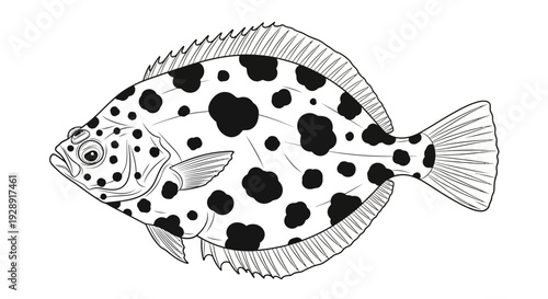 Spotted Flatfish Illustration - Black and White Line Art