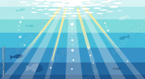 Underwater scene with sun rays and fish, blue ocean depths, light beams