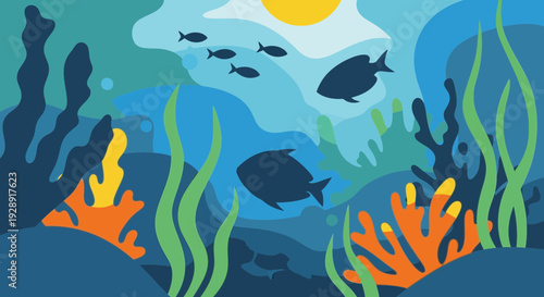 Vibrant Underwater Scene with Silhouetted Fish and Coral Reefs