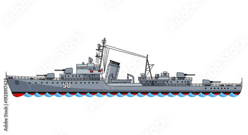 Vector Illustration of a Warship Destroyer on White Background