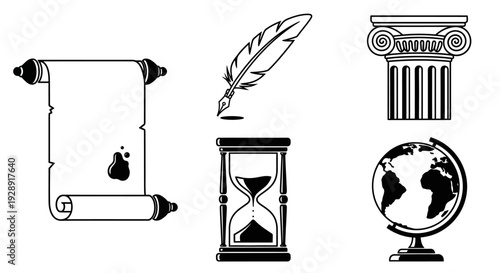 Ancient History Symbols: Scroll, Quill, Column, Hourglass, Globe