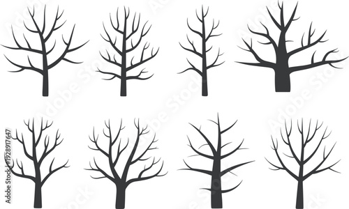 Set of minimal leafless tree silhouettes isolated on white background, simple bare branches winter forest illustration, monochrome botanical clipart collection