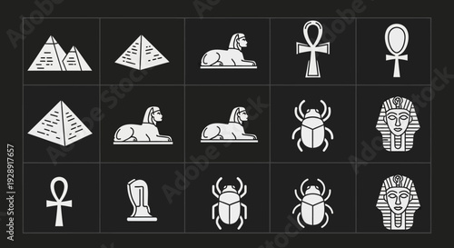 Ancient Egyptian Symbols Collection: Pyramids, Sphinx, Ankh, Scarab, Pharaoh Icons