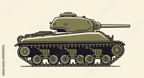 Vintage Military Tank Illustration: Side View, Olive Green Vehicle