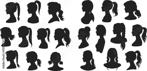 Women Head Silhouette Collection Isolated on White Background, Female Profile Hairstyles Ponytail Bun Braid Haircut Set for Beauty Design