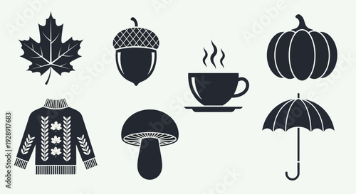Autumn Icons: Maple Leaf, Acorn, Pumpkin, Sweater, Mug, Mushroom, Umbrella