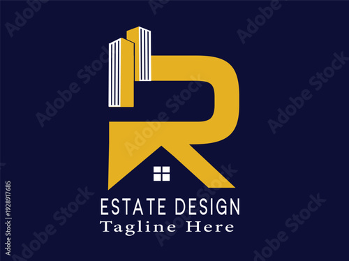 Modern yellow letter r logo with abstract building silhouettes and house roof symbol representing real estate development architecture and property investment clean graphic design on dark