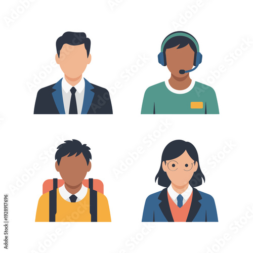Office and education avatar set with manager, call center agent, school boy, school girl for webinar, campus orientation vector design