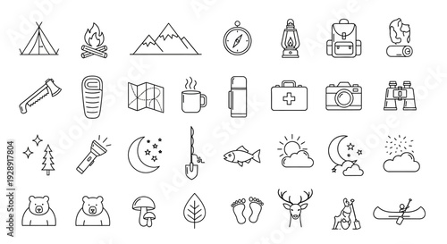 Camping and Hiking Icons: Adventure, Nature, Outdoor Activities - Line Art Set