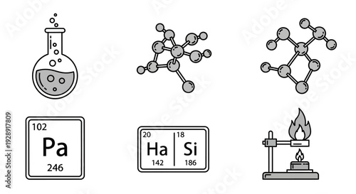 Chemistry Icons: Flask, Molecules, Periodic Table, Bunsen Burner